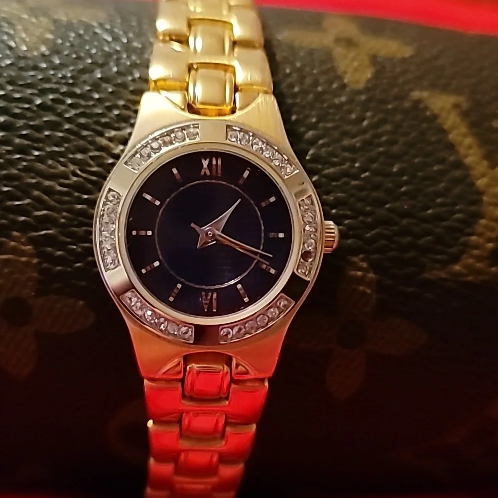 Christian Benet Goldtone Ladies Watch With Blue‎ Face & Crystals Wristwatch